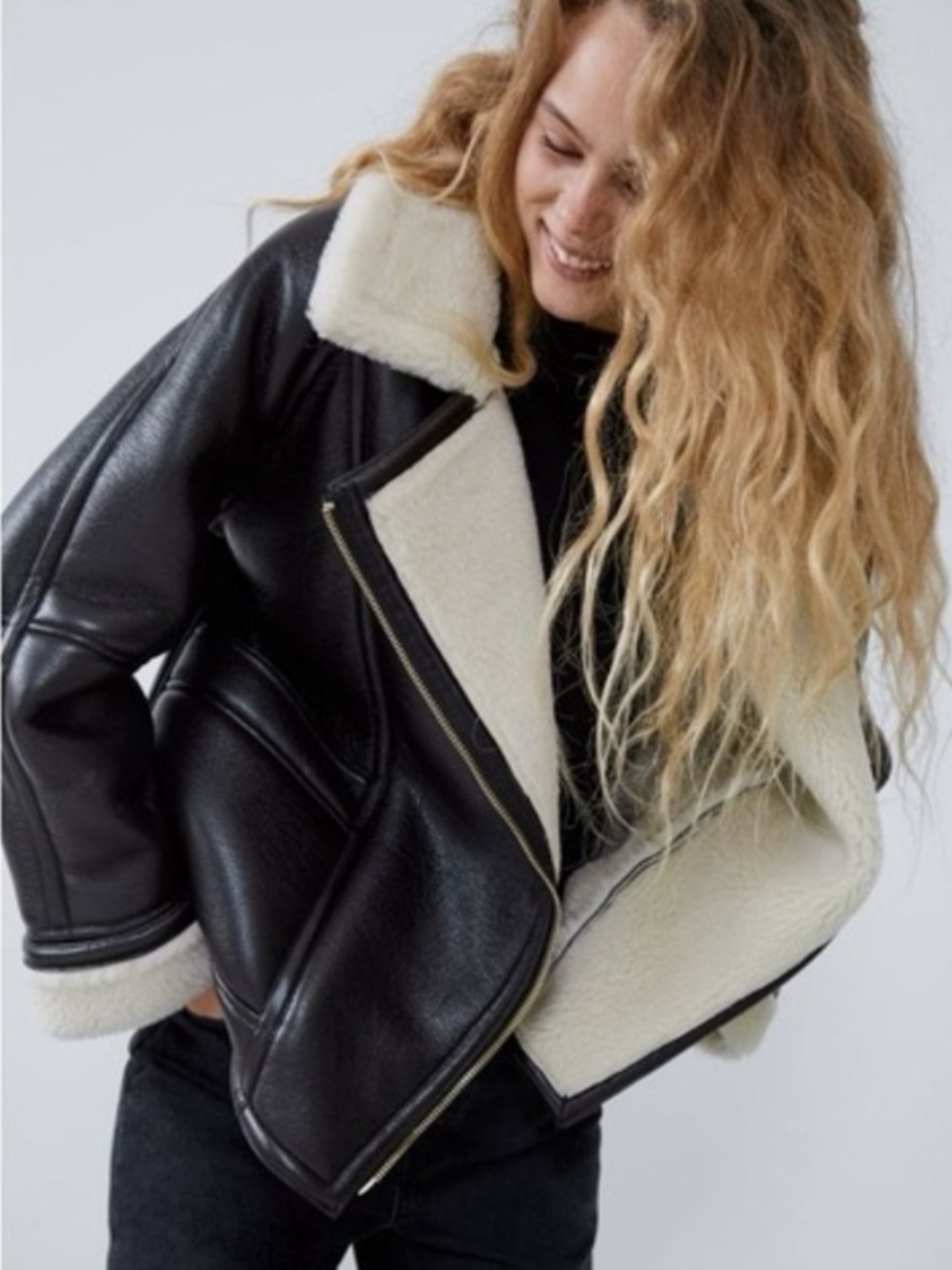 Pretty Little Thing Black Faux Leather Borg Oversized Aviator Jacket
